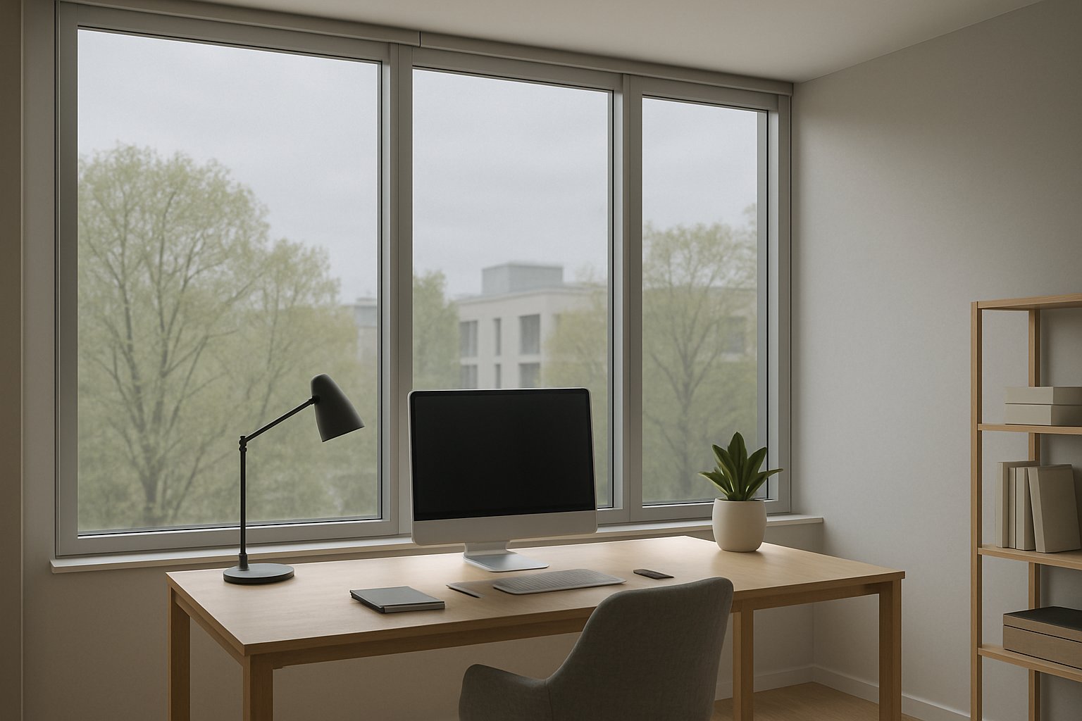 Modern office windows with an even neutral tint and reduced glare