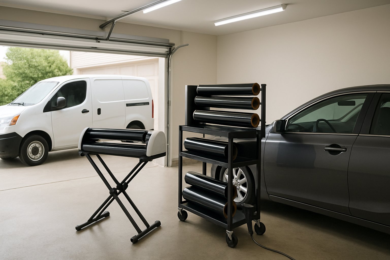 Organized mobile window tint setup beside a vehicle in a clean garage