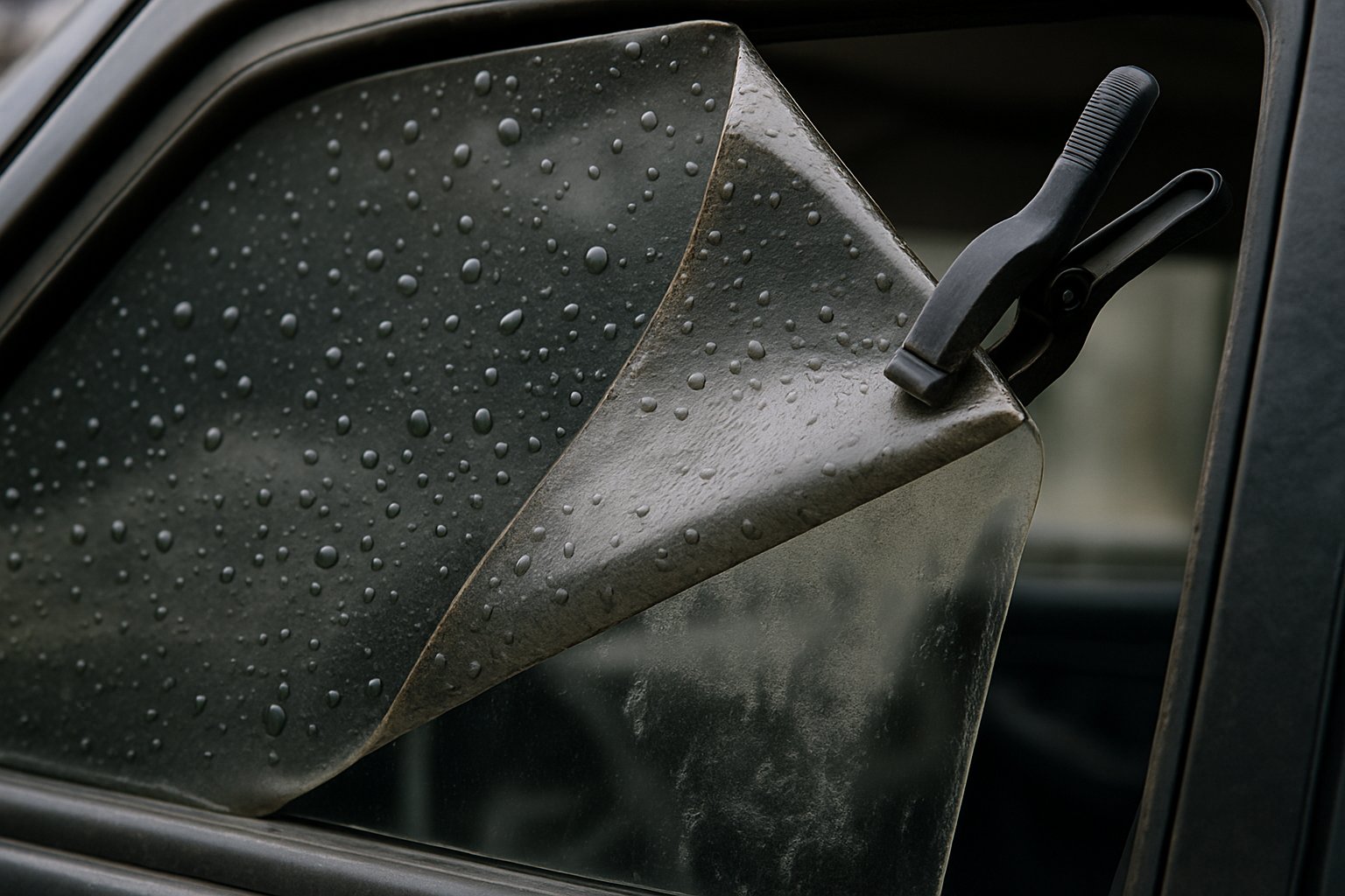 Old window film partially peeled from clean automotive side glass